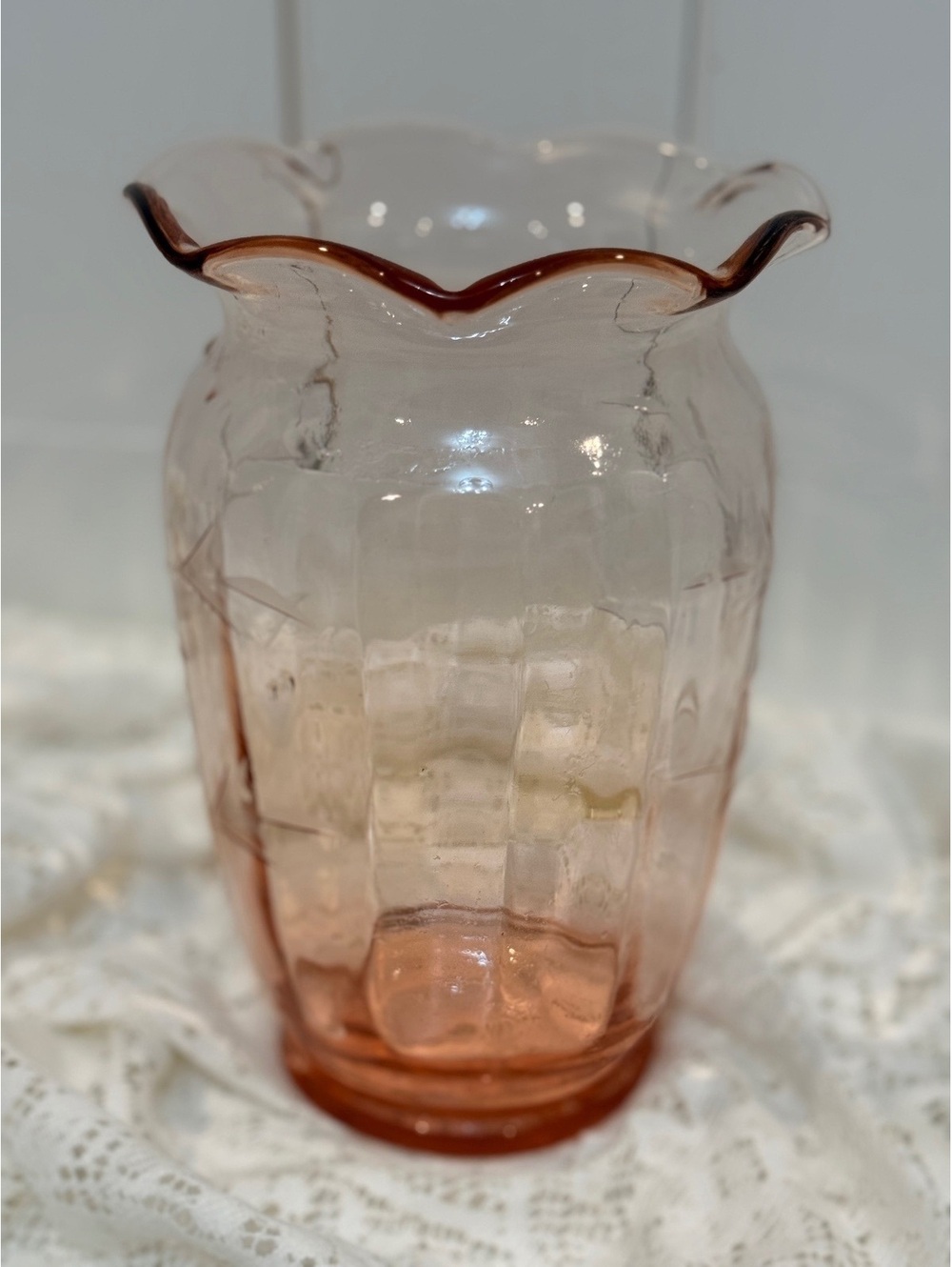 Vintage Pink depression glass vase with Ruffled scalloped rim and Paneled Desogn